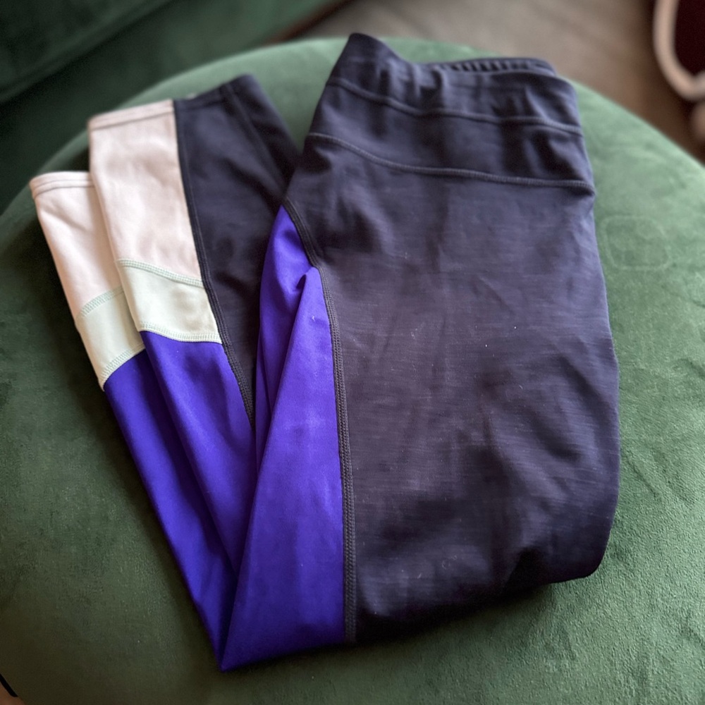 Athleta Black and Purple Leggings with Colorblock Design